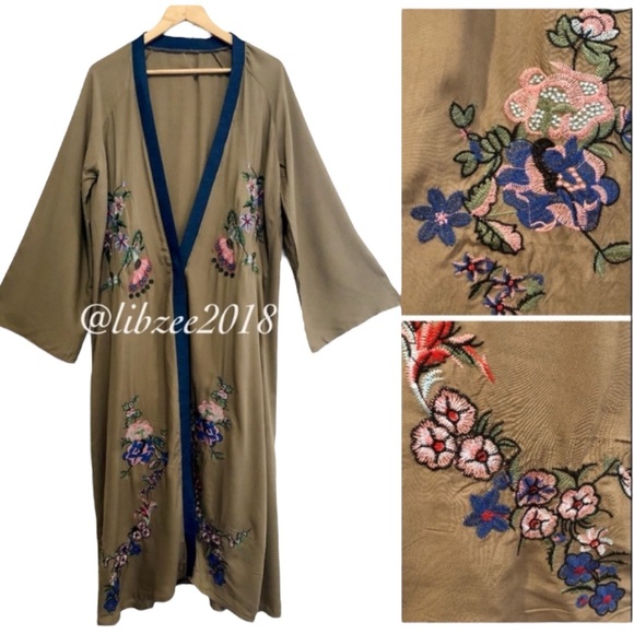 Embroidered Floral Bohemian Kimono Robe Swimsuit Cover-Up in Olive Green - Picture 7 of 7